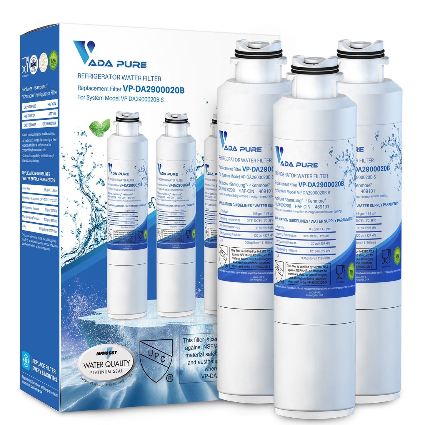 Vada Pure - DA29-00020B Replacement Refrigerator Water Filter for Samsung, DA29-00020B-1, Advanced Metal and Chlorine Filtration, Eliminates Odors, Improves Taste - Pack of 3 Water Filter Vada Pure
