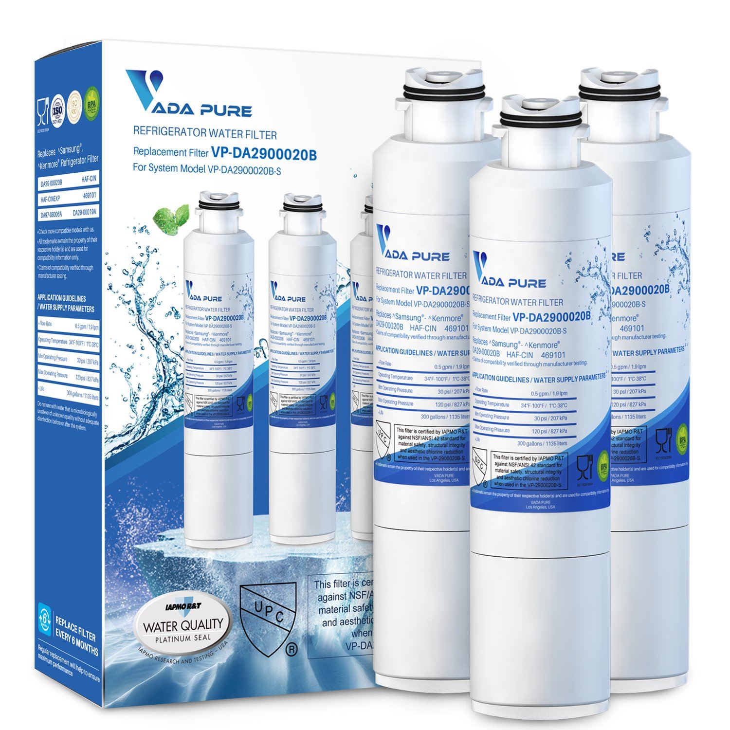 Vada Pure - DA29-00020B Replacement Refrigerator Water Filter for Samsung, DA29-00020B-1, Advanced Metal and Chlorine Filtration, Eliminates Odors, Improves Taste - Pack of 3 Water Filter Vada Pure