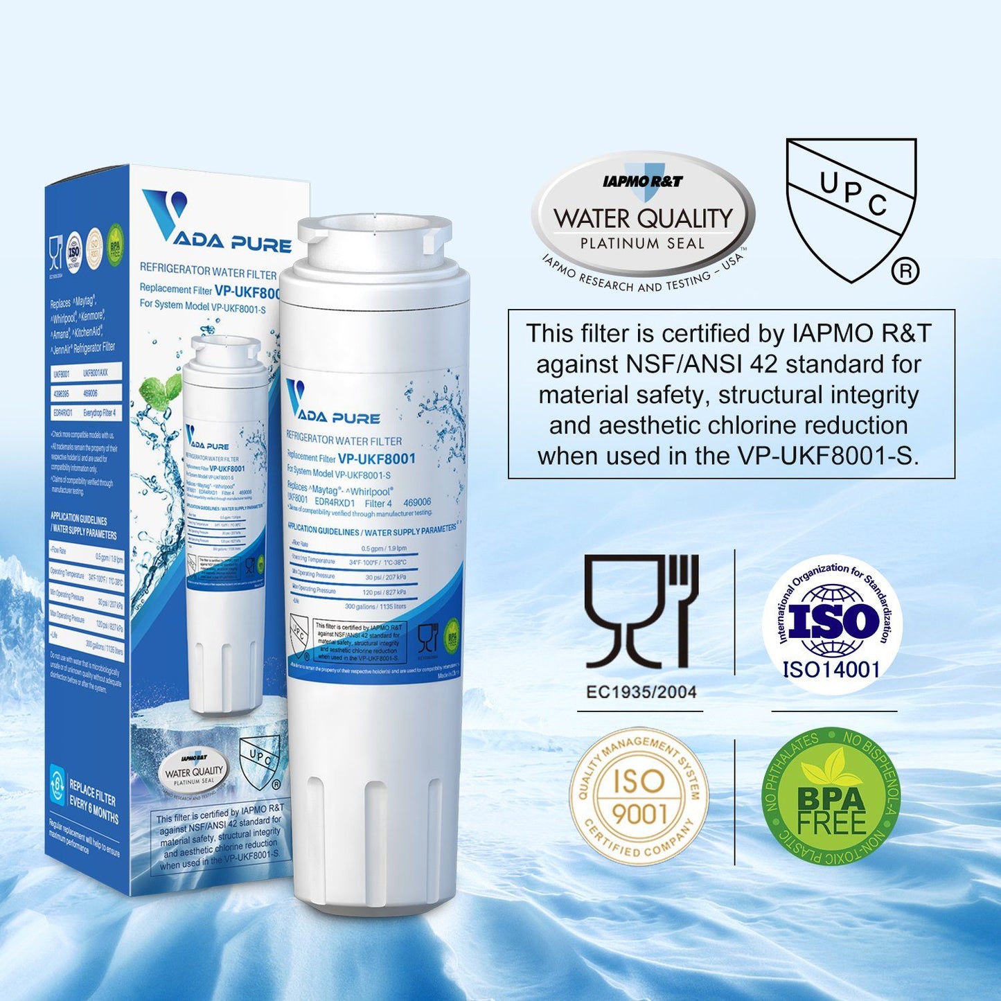 Vada Pure - Replacement Refrigerator Water Filter for EDR4RXD1, UKF8001P, UKF8001AXX-750, Whirlpool 4396395, 469006, PUR, Puriclean II, 46-9006 - Pack of 3 Water Filter Vada Pure