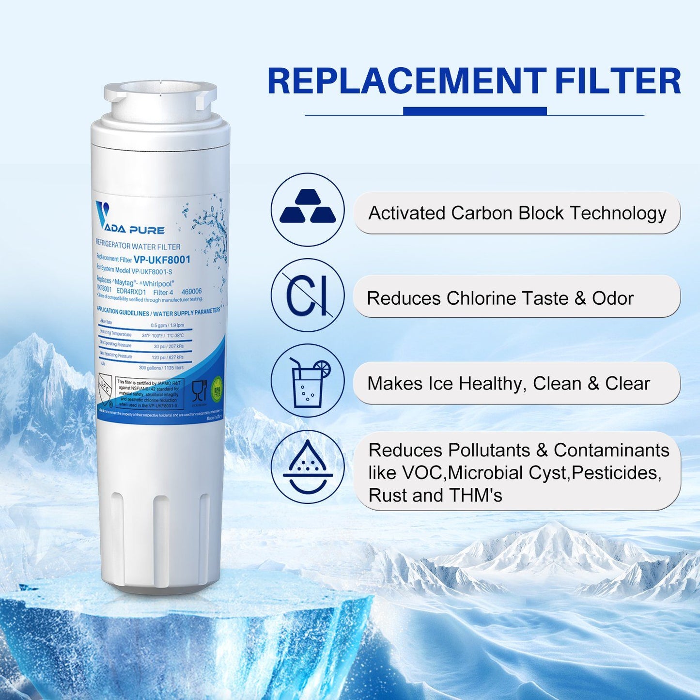 Vada Pure - Replacement Refrigerator Water Filter for EDR4RXD1, UKF8001P, UKF8001AXX-750, Whirlpool 4396395, 469006, PUR, Puriclean II, 46-9006 - Pack of 3 Water Filter Vada Pure