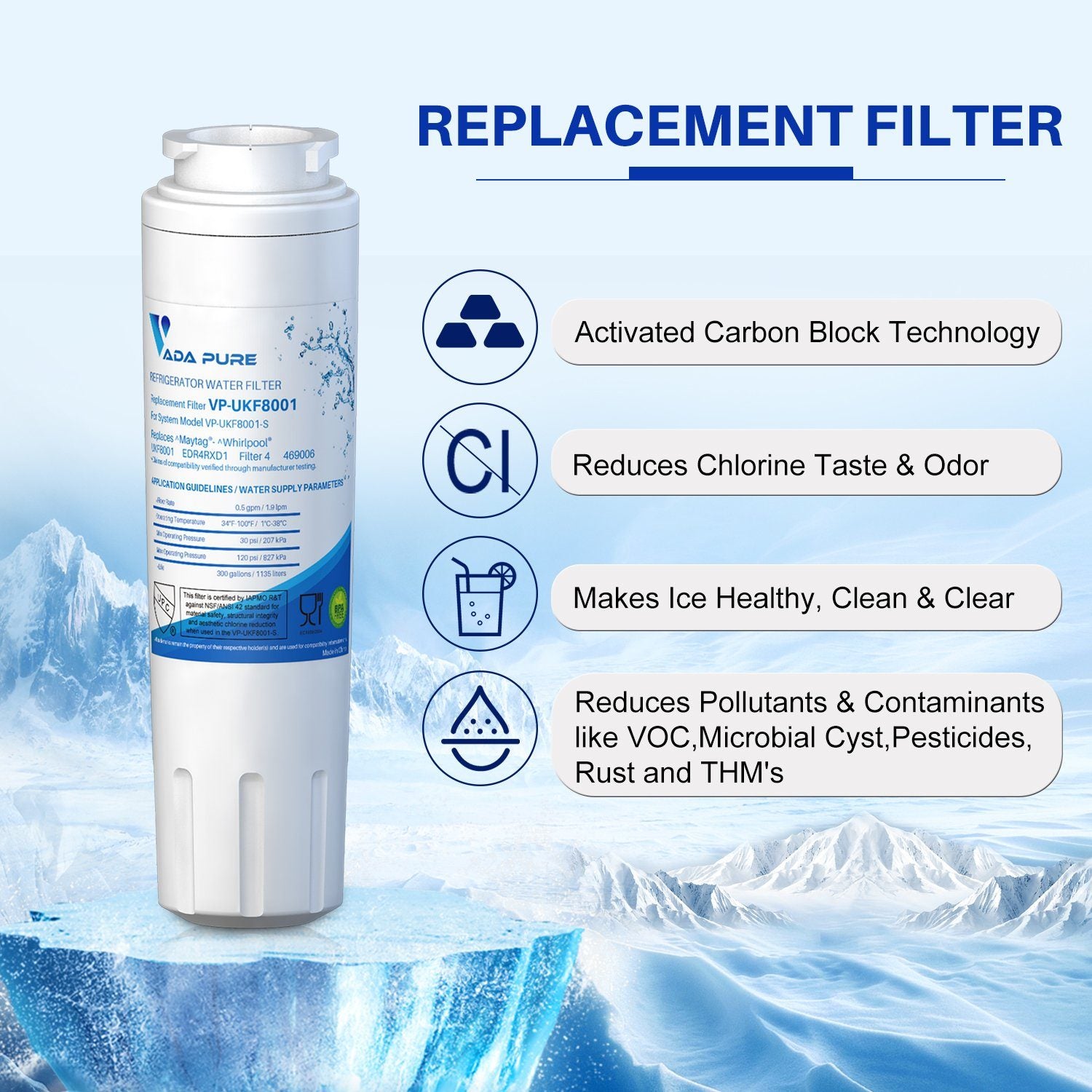 Vada Pure - Replacement Refrigerator Water Filter for EDR4RXD1, UKF8001P, UKF8001AXX-750, Whirlpool 4396395, 469006, PUR, Puriclean II, 46-9006 - Pack of 3 Water Filter Vada Pure